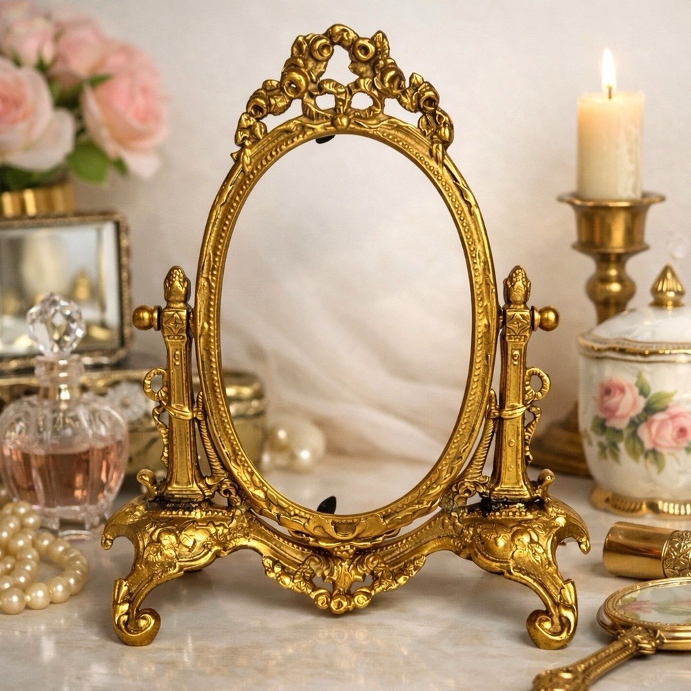 VTG Ornate Gold Gilt Brass Vanity Frame Oval Swivel Stand 7.5x4.5 Insert READ
